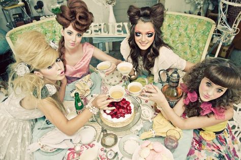 tea party doll themed shoot Tea Party With Dolls, Tea Party Pose, Tea Party Reference, Tea Party Photoshoot, Party Hair Inspiration, Winter Party Outfit Night, Doll Tea Party, Winter Party Outfit, Party Photoshoot