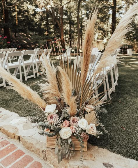 Wedding Flower Arrangements With Pampas, Boho Wedding Greenery, Boho Arch Floral Arrangements, Do It Yourself Wedding Flowers, Wedding Flower Decorations Receptions, Bridal Portrait Display At Reception, Diy Pampas Grass Arrangement For Arch, Western Aisle Decor, Pampas Aisle Decor