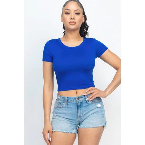 Short Sleeve Roundneck Crop Top-blue Round Neck Design, Stylish Wardrobe, Royal Colors, Short Sleeve Crop Top, Basic Shorts, Short Sleeve Cropped Top, Neck Designs, Timeless Pieces, Wardrobe Essentials