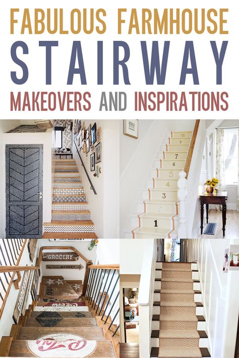 Fabulous Farmhouse Stairway Makeovers and Inspirations  #Farmhouse #FixerUpper #FarmhouseStairway #FarmhouseMakeovers #FarmhouseInspiration Farmhouse Steps Stairways, Vintage Farmhouse Staircase, Farm Stairs Ideas, Farmhouse Stairway Wall Decor, Farmhouse Stairwell Decor, Farmhouse Style Staircase, Farmhouse Staircase Makeover, Staircases Ideas Farmhouse, Rustic Farmhouse Staircase