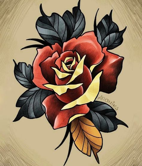 Neo Traditional Rose Tattoo, Neo Traditional Rose, Neo Traditional Roses, Traditional Rose Tattoo, Tato Phoenix, Neo Tattoo, Rose Drawing Tattoo, Traditional Tattoo Flowers, Traditional Rose