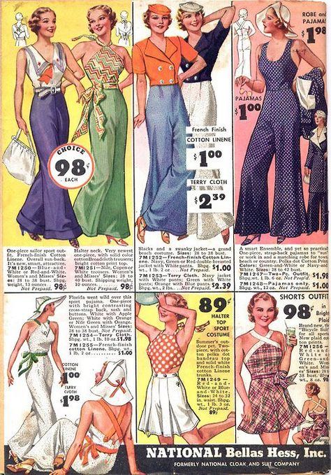 summer beachwear fashions from National Bellas Hess, 1934. I'm so obsessed with these. People could still wear them now. Perfect for cruises 40s Mode, Beach Pajamas, Vintage Fashion 1930s, 1930 Fashion, Vintage Sailor, 30s Fashion, Resort Outfit, Sailor Fashion, Beachwear Fashion