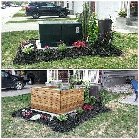 Front Yard Electric Box Cover, Cover For Electrical Box Outside, Covering Power Boxes Outside, Ideas To Hide Utility Boxes Outside, Cover Up Utility Box Outside, Green Electrical Box Cover Ideas Outdoor, Cover Up Electrical Box Outside, Front Yard Utility Box Cover Ideas, Landscaping Around Power Boxes