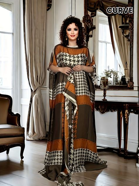 Plus Size Houndstooth Print Short Sleeve Kaftan Dress, Elegant Floor Length Dress With Scarf, Women's Plus Size Clothing https://share.temu.com/XiuzcsKc4TA via @shoptemu Maxi Kaftan, Plus Size Kleidung, Kaftan Dress, Floor Length Dresses, Printed Maxi, Batwing Sleeve, Free Clothes, Printed Shorts, Sundress