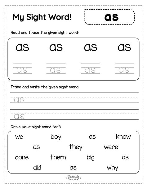 These free printable sight word worksheets for “as” help kids build confidence in reading! Tracing, writing, and matching exercises make learning fun and effective. Great for preschool and kindergarten students. Download it for free today at Marysprintables.com! Printable Sight Words, Sight Words Printables, Sight Word Worksheets, Word Form, Learning Worksheets, Practice Reading, Make Learning Fun, Building For Kids, Early Literacy