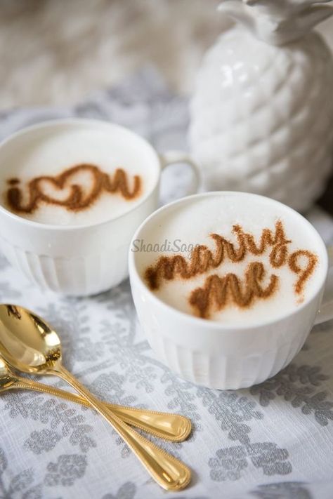 Proposal Ideas Simple, Romantic Proposal Ideas, Coffee Stencil, Engagement Photo Props, Proposal Photos, Coffee Stencils, Romantic Proposal, Wedding Proposals, Coffee Gift