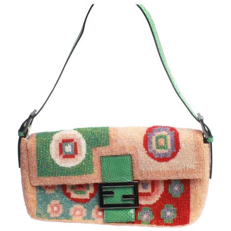 Fendi multi needle point beaded baguette bag with green snakeskin strap and clos at 1stDibs Fendi Micro Peekaboo, Fendi Spy Bag, Fendi Baguette Bag, Baguette Bags, Fendi Bag, Fendi Peekaboo, Chanel Flap Bag, Needle Point, Vintage Leather Bag