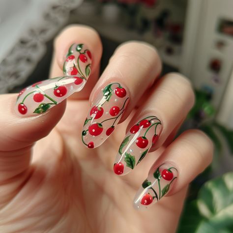 Fruit Design Nails, Colorful Almond Nails, Fruity Nails, Fruit Nail Designs, At Home Manicure, Pop Art Nails, Cherry Blossom Nails, New Year Nails, Home Manicure