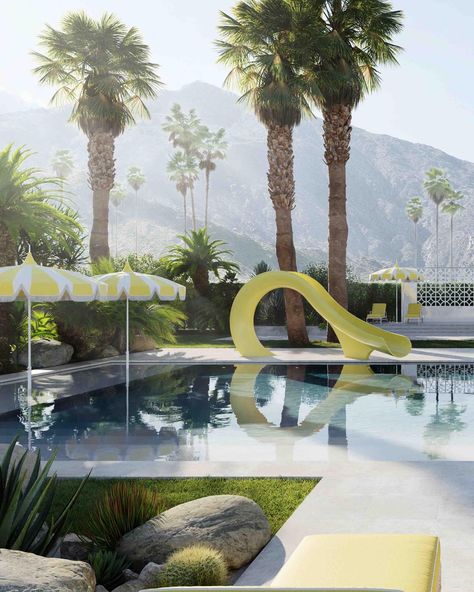 Poolside in Palm Springs. 🍹💛 @splinterworks and @downtimeslides bring a sleek, modern architectural touch to this backyard. Palm Springs Outdoor Kitchen, Palm Springs Pool Aesthetic, Palm Springs Backyard, Palm Springs Landscaping, Palm Springs Design, Palm Springs Pool, Palm Springs Architecture, Palm Springs House, Palm Springs Home