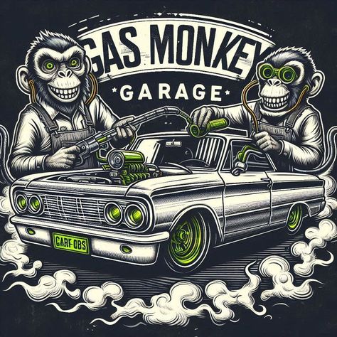 Gas Monkey Garage FanArt created with AI #ai #aiart #aiartwork #aiartcommunity #fanart #gasmonkey #gasmonkeygarage #gasmonkeygaragefan #richardrawlings Richard Rawlings, Monkey Logo, Monkey Garage, Gas Monkey Garage, Wood Display Stand, Wallpapers Cartoon, Gas Monkey, Cool Wallpapers Cartoon, Wood Display