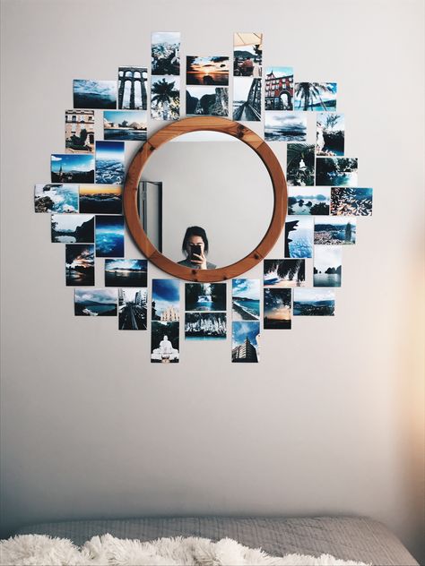 Picture collage with round mirror Photo Wall Collage Around Mirror, Mirror Photo Collage, Collage Around Mirror, Mirror Wall Decor With Pictures, Photo Wall Collage With Mirror, Picture Mirror Wall Collage, Round Mirror Collage Wall, Mirror And Photo Wall Decor, Wall Decor Round Mirror