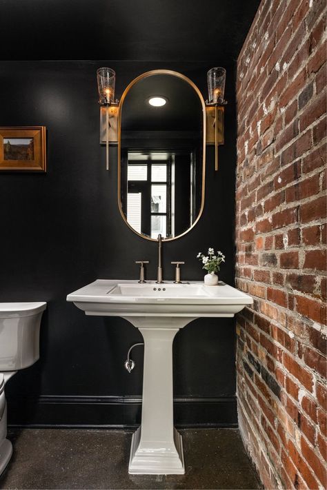 Bathroom With Brick Wall, Wainscoting And Wallpaper, Moody Half Bath, Black Half Bathroom, Bath Vibes, Half Bathroom Wallpaper, Wall Wainscoting, Half Bath Design, Tiny Half Bath