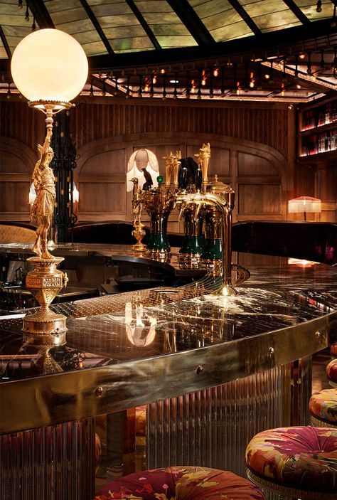 Raised By Wolves Bar Detail Marble Bar Top, Gold Metal Edge Banding, Gold Drink spouts Fiber Optic Ceiling, Marble Bar Top, Pierre Frey Fabric, Oak Fireplace, Fireplace Facade, Hidden Bar, Raised By Wolves, Marble Bar, Fountain Feature