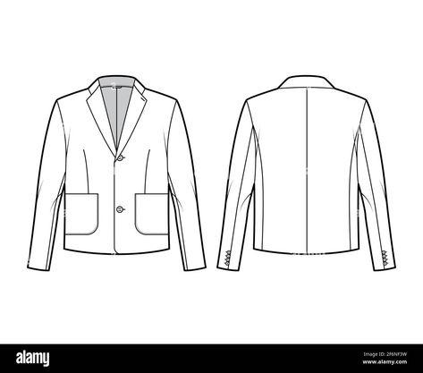 Download this stock vector: Blazer jacket suit technical fashion illustration with long sleeves, notched lapel collar, patch pockets, oversized body. Flat coat template front, back, white color style. Women, men, top CAD mockup - 2F6NF3W from Alamy's library of millions of high resolution stock photos, illustrations and vectors. Collar Sketch, Date Night Outfit Polyvore, Grey Pants Outfit, Tulle Skirts Outfit, Long Linen Skirt, Custom Tuxedo, Linen Pants Outfit, White Pants Outfit, Light Blue Dress Shirt