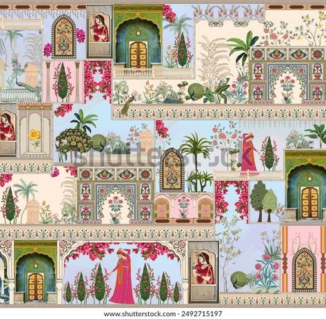 Mughal Art Design, Kalam Kari, Saree Pattern, Indian Retro, Mughal Art Paintings, Mughal Art, Spring Forest, Print Design Art, Leaf Cards