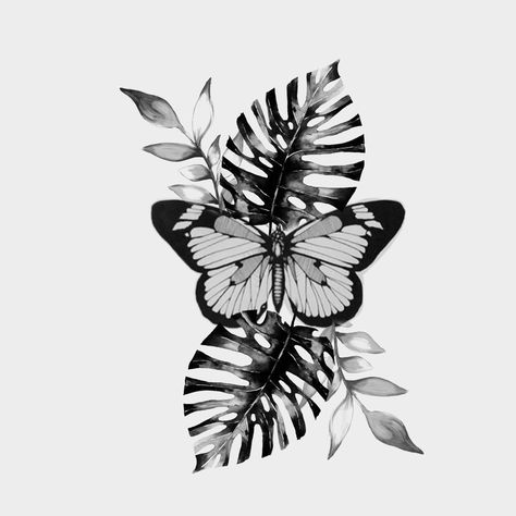 Plants And Butterflies Tattoo, Butterfly Leaves Tattoo, Butterfly And Plant Tattoo, Butterfly Leaf Tattoo, Tropical Butterfly Tattoo, Butterfly Plant Tattoo, Monstera Tattoos Leaves, Tropical Plant Tattoo, Tropical Leaf Tattoo