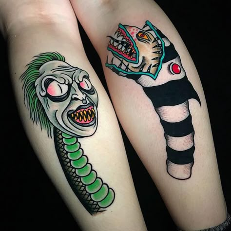 Beetlejuice tattoo by @dan_gagne at @lovelesstattoo in Montreal, Quebec #dangagne #lovelesstattoo #montreal #quebec #canada #beetlejuice… 70s Skater Style, Sand Snake Tattoo Beetlejuice, Beetlejuice Worm Tattoo, Sand Worm Tattoo, Beetlejuice Snake Tattoo, Sandworm Beetlejuice Tattoo, Sandworm Tattoo, Beetlejuice Tattoo Ideas, Beetlejuice Pumpkin