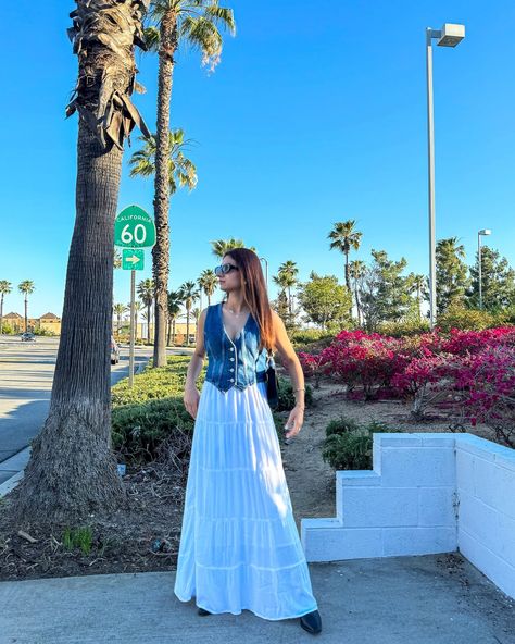 White maxi skirt & denim vest 🤍 Wearing my favourite denim vest from @freepeople Comment “LINK” and I’ll DM you 🫶🏻 Denim vest- @freepeople Maxi skirt- @hollister Bag- @jwpei_official Boots- @hm #summeroutfit #maxiskirt #denimvest #outfitoftheday #summerfashion Denim Vest Maxi Skirt Outfit, Denim Vest With Skirt, Vest With Skirt, Maxi Skirt Denim, White Maxi Skirt, White Maxi Skirts, Maxi Skirt Outfits, Instagram White, Skirt Denim