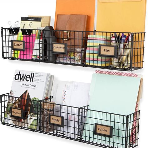 Attractive Organization: Whether you work from home, in a small business, or in a corporate building everyone needs to gain organizational habits to work more productively, these farmhouse design wall mount metal wire racks with front labels are perfect for organizing your file folders and documents Wall File Organizer, Wall File Holder, Home Command Center, Office Desk Organizer, Wall File, Wire Basket Storage, Organizing Wires, Wall Baskets, Hanging File Folders