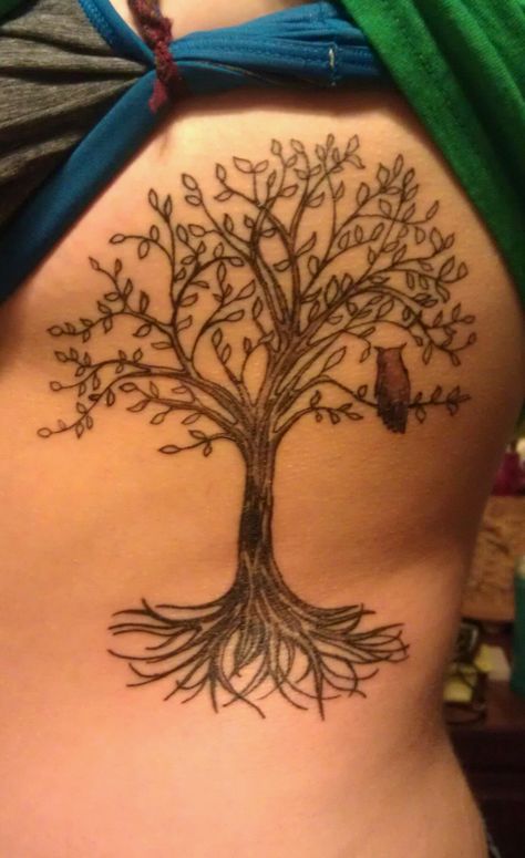 Owl in a tree by Melanie at Melski's Physical Graffiti in Logansport, IN Tree Tattoo Chest, Tree Tattoo Ideas, Oak Tree Tattoo, Awesome Tattoo Ideas, Family Tree Tattoo, Tattoo Chest, Tree Tattoos, Tree Tattoo Designs, Religious Tattoos