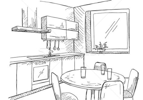 Kitchen Drawing Sketch Easy, Kitchen Drawing Sketch, Kitchen With A Window, Kitchen Sketch, Window Vector, Drawing Backgrounds, Flat Furniture, Comic Reference, Tiled Wall