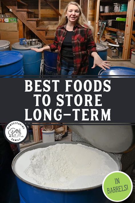 Using food storage barrels for long-term food storage is a great way to get ahead and be more self-sufficient. But what foods are best stored long-term and how do you use that food all the way to the bottom of the barrel without running out of your backup? Long Term Water Storage, Bulk Food Storage Containers, Storing Food Long Term, Homesteading Family, Food Storage Rooms, Emergency Preparedness Food Storage, Meal Replacement Bars, Salt Storage, Emergency Preparedness Food