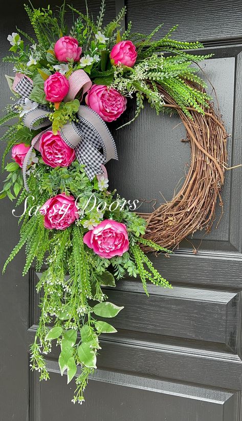 Peony Wreaths For Front Door, Pink Spring Wreath, Peony Wreath Front Doors, Pink Wreaths For Front Door, Spring Wreaths For Front Door Diy, Spring Door Wreath, Etsy Wreaths, Spring Peony, Floral Door Wreaths