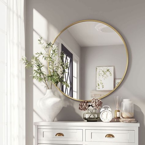 Modern Bathroom Mirrors, Cabin Bathroom, Round Gold Mirror, Large Round Mirror, Farmhouse Mirrors, Vanity Wall Mirror, Mirror Metal, Circle Mirror, Metal Frame Mirror