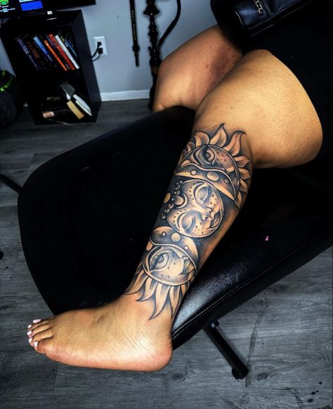 Tattoos On Plus Size, Spiritual Thigh Tattoos For Women, Half Sleeve Leg Tattoos For Women, Plus Size Leg Tattoo Thigh Tat, Spiritual Leg Sleeve Tattoo, Black Woman Leg Tattoo Ideas, Tattoos On Plus Size Women, Spiritual Sleeve Tattoos For Black Women, Plus Size Tattoo Ideas