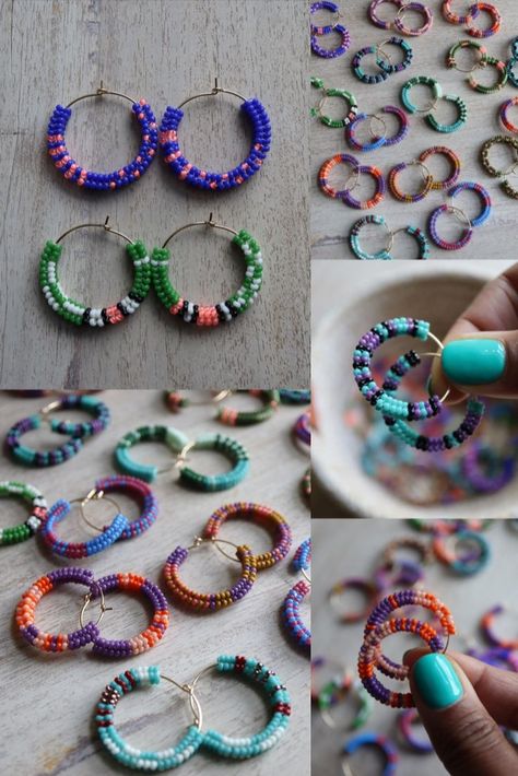 Hoop Earring Tutorial, Tubular Herringbone, Beaded Hoop Earring, Easy Beading, Seed Bead Hoop Earrings, Miyuki Beads Pattern, Seed Bead Projects, Bead Hoop Earrings, Diy Seed Bead Earrings