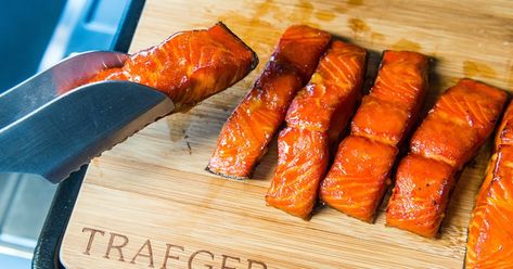 Smoked Salmon Candy Recipe | Traeger Wood Fired Grills Smoked Salmon Candy Recipe, Candy Salmon, Candied Salmon Recipe, Candied Salmon, Salmon Candy, Smoked Salmon Sandwich, Meat Candy, Salmon Vegetables, Best Salmon Recipe