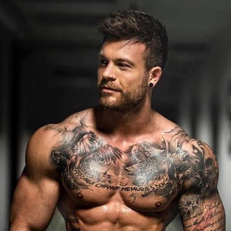 Mens Full Chest Tattoo, Upper Chest Tattoo, Symmetrical Tattoos, Mens Body Tattoos, Word Tattoo Ideas, Full Chest Tattoos, Husband Tattoo, Symmetrical Tattoo, Brother Sister Tattoo