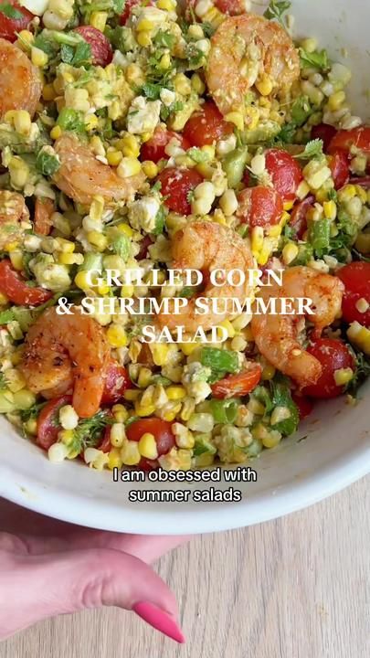 grilled corn & shrimp summer salad 🌽🍤🍅🥑🌿☀️ aka my go-to dish for ... | TikTok Corn And Shrimp Salad, Shrimp Garden Salad, Avocado Corn Salad With Grilled Shrimp, Sheet Pan Shrimp With Corn And Tomatoes, Shrimp And Corn Succotash, How To Peel Shrimp, Lemon Shrimp, Large Salad Bowl, Shrimp Salad