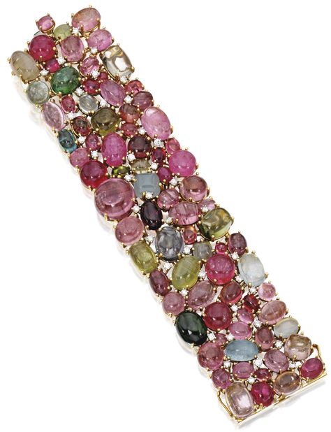 Tony Duquette - 18 Karat Gold, Multi-Colored Tourmaline and Diamond Bracelet - The wide strap set with round, oval and cushion-cut tourmaline cabochons in various hues, accented by round diamonds weighing approximately 3.50 carats, gross weight approximately 142 dwts, length 7¼ inches, signed Tony Duquette. Tony Duquette, Memorable Jewelry, Tourmaline Bracelet, Rainbow Jewelry, Baroque Pearl Earrings, Tourmaline Jewelry, Fabulous Jewelry, Vintage Jewels, Girly Jewelry