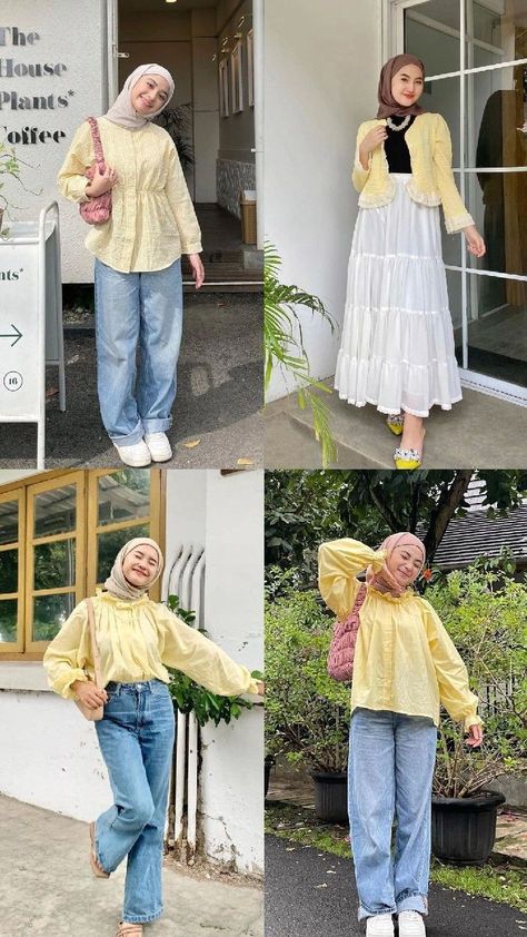 #hijab #hijabi #ootd #modestfashionista #modestyisgorgeous #lfl #ootdsimple #hijabfashioninspiration #hijaberscommunity #hijabinspo Style Korea Hijab, Pastel Hijab Outfit, Yellow Hijab Outfit, Ootd Hijab Casual Jeans, Yellow Cardigan Outfits, Yellow Hijab, Yellow Top Outfit, Outfit Hijab Ideas, Outfit Hijab Simple