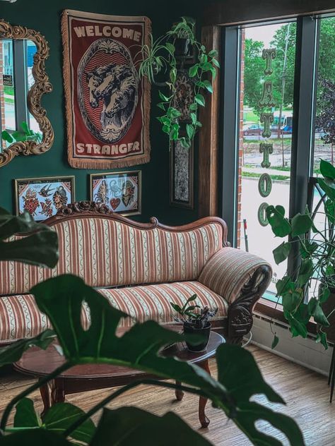 Eclectic Tattoo Shop, Dark Tattoo Shop Aesthetic, Tattoo Flash Home Decor, Green Tattoo Studio, Boho Tattoo Shop, Alternative Salon Decor, Aesthetic Tattoo Shop, Tattoo Studio Aesthetic, Tattoo Parlor Decor