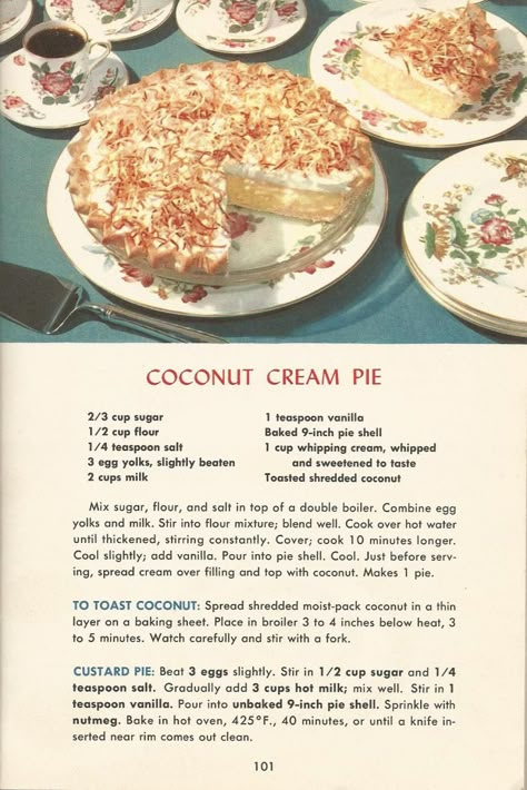 Coconut Cream Pie, Vintage Pie Recipes, 1950s Pie Recipes Old Recipe Book, Coconut Cream Pie Recipes, Coconut Dessert, Coconut Pie, Brownie Desserts, Cream Pie Recipes, Coconut Cream Pie, Coconut Recipes, Retro Recipes