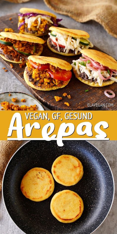 So macht man Arepas - köstliche, in der Pfanne gebratene Maismehlfladen - mit nur 3 Zutaten. Gefüllt mit Bohnenmus, Avocado, Käse (vegan) und mehr. Eine schnelle, einfache, glutenfreie Vorspeise, ein Snack oder ein Hauptgericht zum Frühstück, Mittag- oder Abendessen! #arepas #arepasselbermachen #arepasrezept #veganearepas #elasrecipes | elavegan.com/de Avocado, Snacks