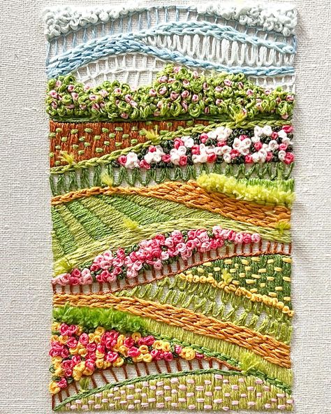 New abstract spring landscape #embroidery #handembroidery #embroideryart #modernembroidery #abstractembroidery #fiberart #art #damngoodstitch #dmcembroidery #dmcthreads Abstract Quilting, Weaving Embroidery, Freeform Embroidery Inspiration, Weave Art, Embroidery Art Modern, Embroidery Texture, Spring Embroidery, Textile Art Projects, Embroidered Photo Art