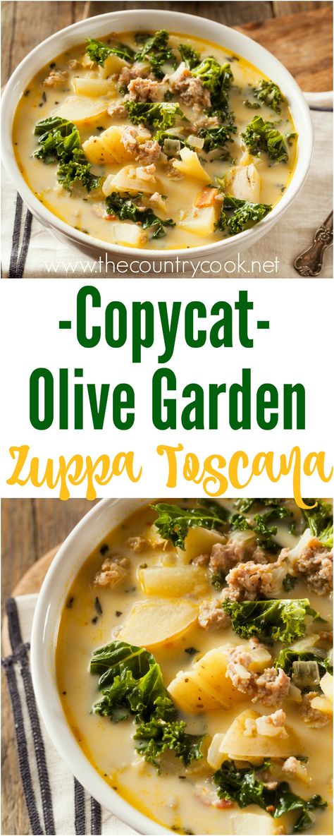 Copycat Olive Garden Zuppa Toscana recipe from The Country Cook. I think it's even better than the one you get at Olive Garden - SO good! Slow Cooker Soup Recipes Easy, Copycat Olive Garden Zuppa Toscana, Copycat Olive Garden Zuppa, Olive Garden Zuppa, Olive Garden Zuppa Toscana, Copycat Olive Garden, Olive Garden Recipes, Toscana Soup, Beef Soup Recipes