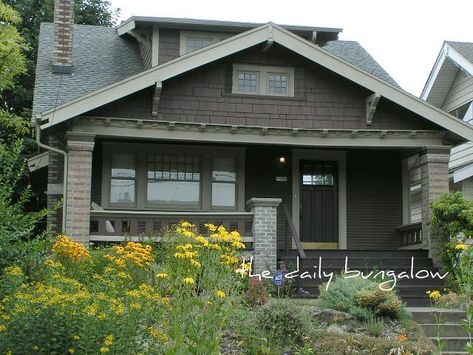 Beautiful Bungalows, Craftsman Exteriors, Porch Pillars, Dental Molding, Brick Bungalow, Craftsman Porch, Brick Porch, 1920s Bungalow, Bungalow Cottage