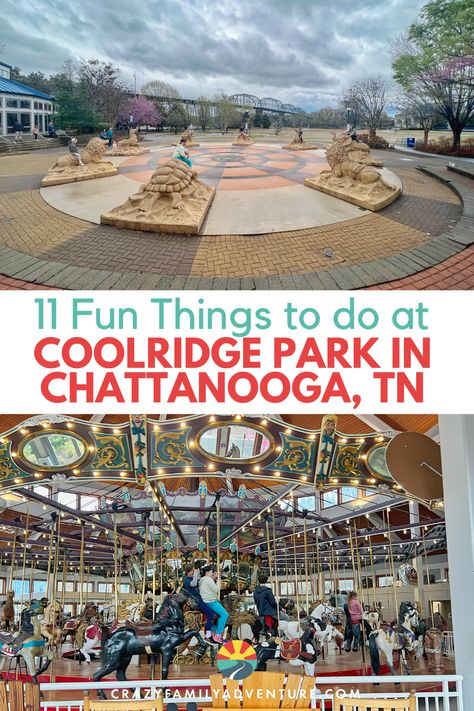 Contains 2 images the top image shows a unique fountain splash pad and the bottom image shows an antique carousel, Fun Things to Do at Coolridge Park in Chattanooga. Coolidge Park Chattanooga, Chattanooga Tennessee Things To Do Kids, Tennessee Family Vacation, Antique Carousel, Nashville Travel Guide, Nashville Travel, Tennessee Road Trip, Ruby Falls, Vacation 2024