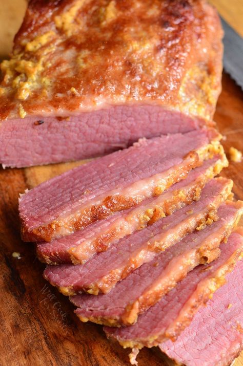 Amazing, tender corned beef brisket cooked in the oven with just three ingredients. This brisket is flavorful, easy, and comes out so tender. Baked Corned Beef Recipes Brown Sugar, Baked Corned Beef With Mustard And Brown Sugar, How To Cook Corn Beef Brisket, Cooking Corned Beef In The Oven, Mustard Corned Beef, Corned Beef With Mustard And Brown Sugar, Baked Corn Beef Brisket Recipe, Corned Beef Brisket Oven, Beef Brisket Oven