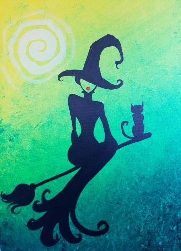 Green Witch Painting, Paint Nite Ideas Step By Step Easy, Wiccan Paintings Ideas, Simple Witch Painting, October Painting Ideas, Witch Painting Ideas, Halloween Paint And Sip, Witchy Painting Ideas, Halloween Canvas Paintings