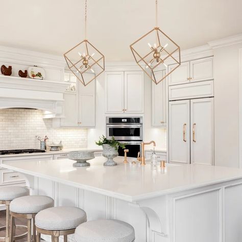 Mercer41 Stemple 20" Wide 6 - Light Lantern Geometric Chandelier & Reviews | Wayfair White And Gold Kitchen Inspiration, White Gold Marble Kitchen, White And Gold Kitchen Island Pendant, White Kitchen Gold Accents, Chandelier Over Island Gold, White Kitchen Cabinets With Gold Handles, White And Gold Kitchen Decor, White And Gold Island Pendants, White Kitchen Gold Hardware