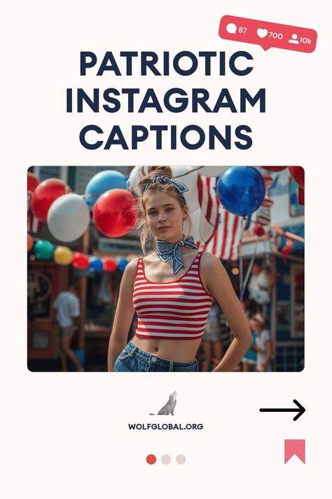 Young woman in patriotic attire with red, white, and blue balloons in background.
Graphic with a list of patriotic-themed phrases with checkmarks and emojis, a "Get More" button, and a logo for WOLFGLOBAL.ORG.
A happy woman with a laptop surrounded by social media engagement symbols, invitation to join an Instagram pod. Blue Instagram, Symbols Of Freedom, Sea To Shining Sea, United We Stand, Home Of The Brave, American Spirit, Star Spangled, Bold Stripes, Insta Posts