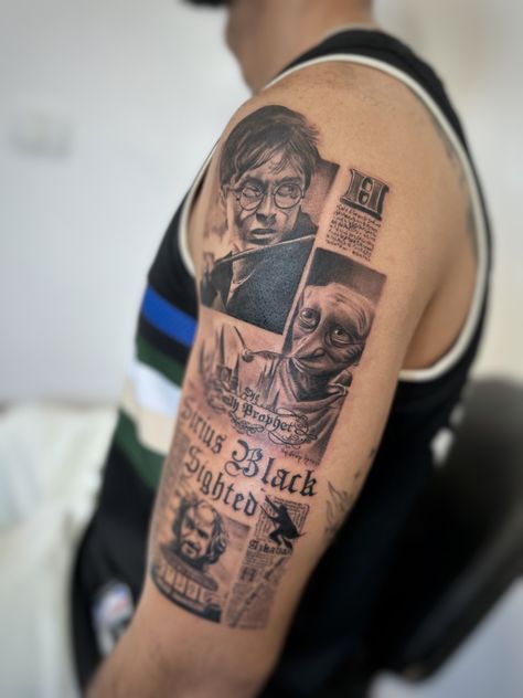 Harry Potter tattoo Realistic Harry Potter Tattoo, Daily Prophet Tattoo, Harry Potter Newspaper Tattoo, Harry Potter Realism Tattoo, Harry Potter Sleeve Tattoo Ideas, Harry Potter Tattoos Sleeve, Harry Potter Sleeve Tattoo, Voldemort Tattoo, Harry Potter Sleeve