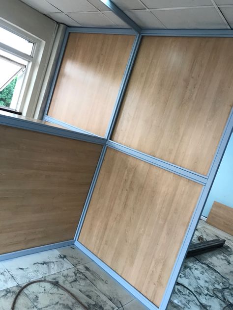 Office partitions with alminium frame and mdf boards Plywood Partition Design, Office Partition Design Wooden, Office Partition Ideas, Mdf Partition, Office Partition Design, Wooden Partition Design, Salon Designs, Wood Partition, Partition Ideas