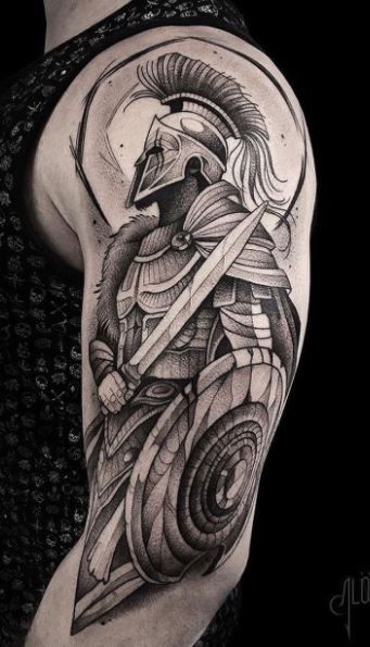 65 Masculine Spartan Tattoos For Men | Spartan Tattoo Ideas and Meaning - Tattoo Me Now Spartan Tattoos, Spartan Helmet Tattoo, Warrior Tattoo Sleeve, Shield Tattoo, Gladiator Tattoo, Soldier Tattoo, Helmet Tattoo, Spartan Tattoo, Tattoo Inspiration Men