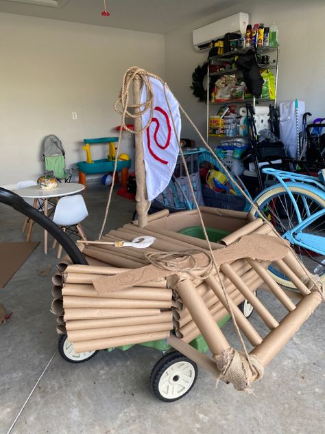 Moana Wagon Boat, Moana Boat Diy Wagon, Diy Moana Boat, Making A Boat Out Of Cardboard, Moana Canoe, Moana Boat, Make A Boat, 2024 Halloween, Moana Birthday